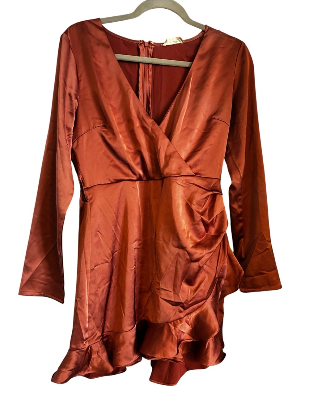 Altar'd State Rust Satin Wrap-Style Long Sleeve Dress